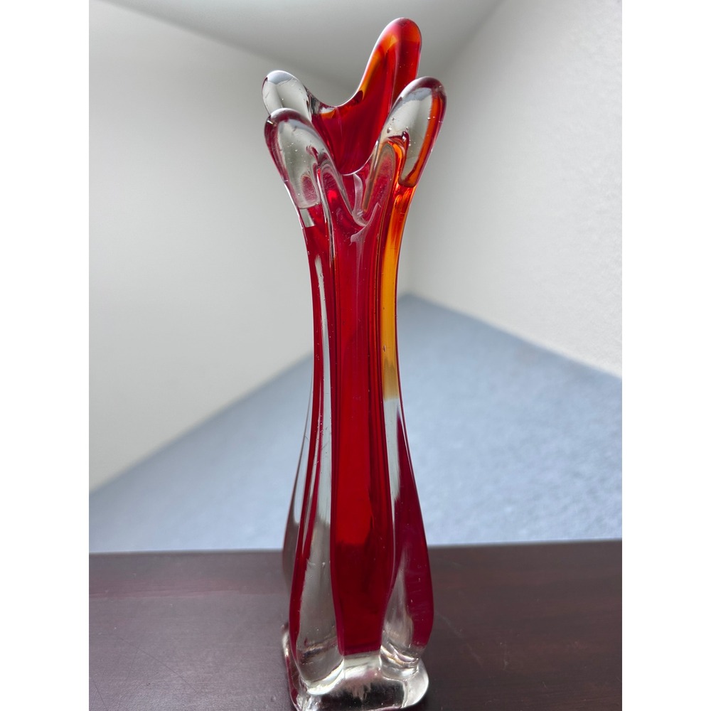 Vintage Wales Art Glass Bud Vase Red Clear Mid Century Modern Made in Japan